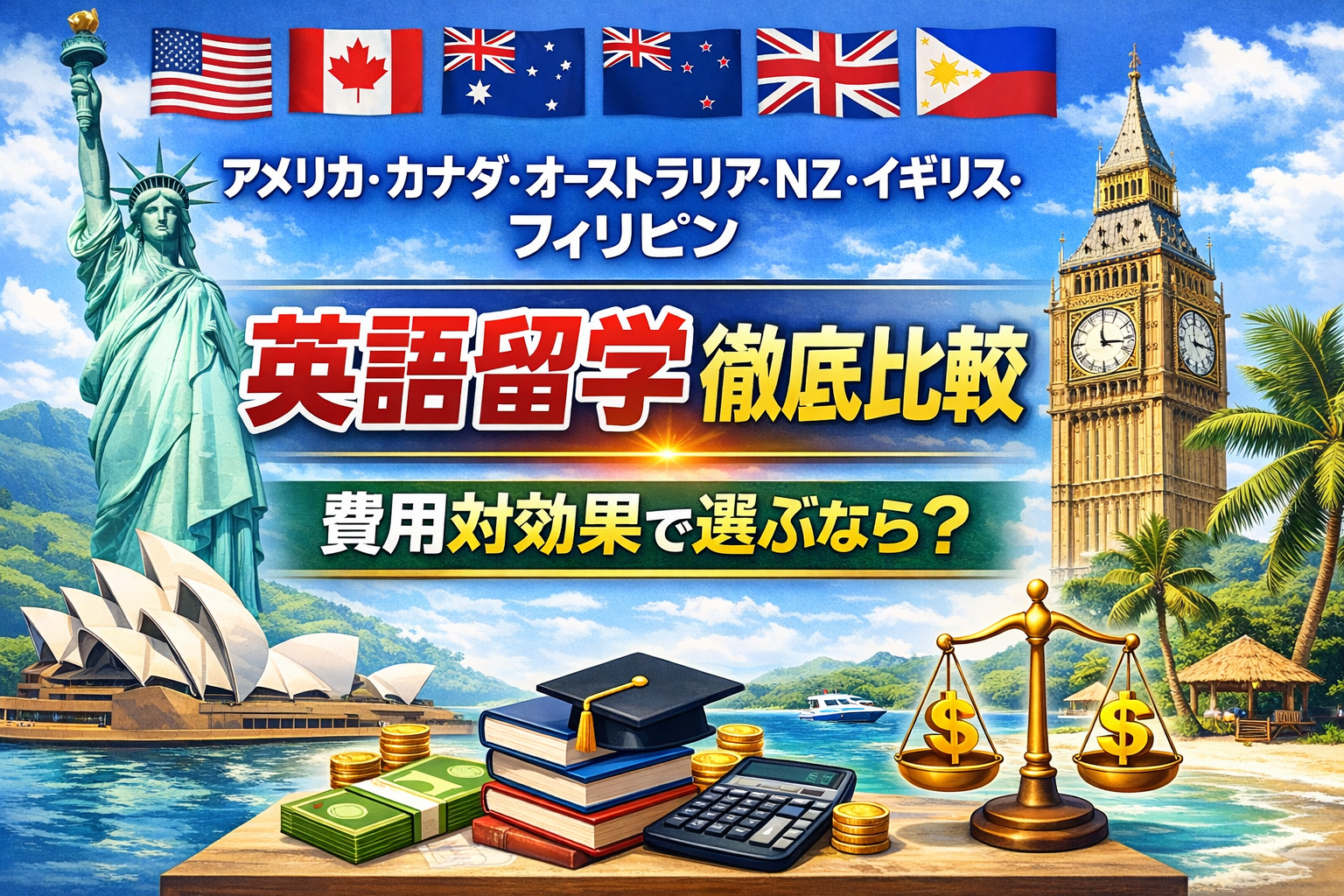 アメリカ・カナダ・オーストラリア・NZ・イギリス・フィリピン（セブ含む）英語留学徹底比較｜費用対効果で選ぶなら？