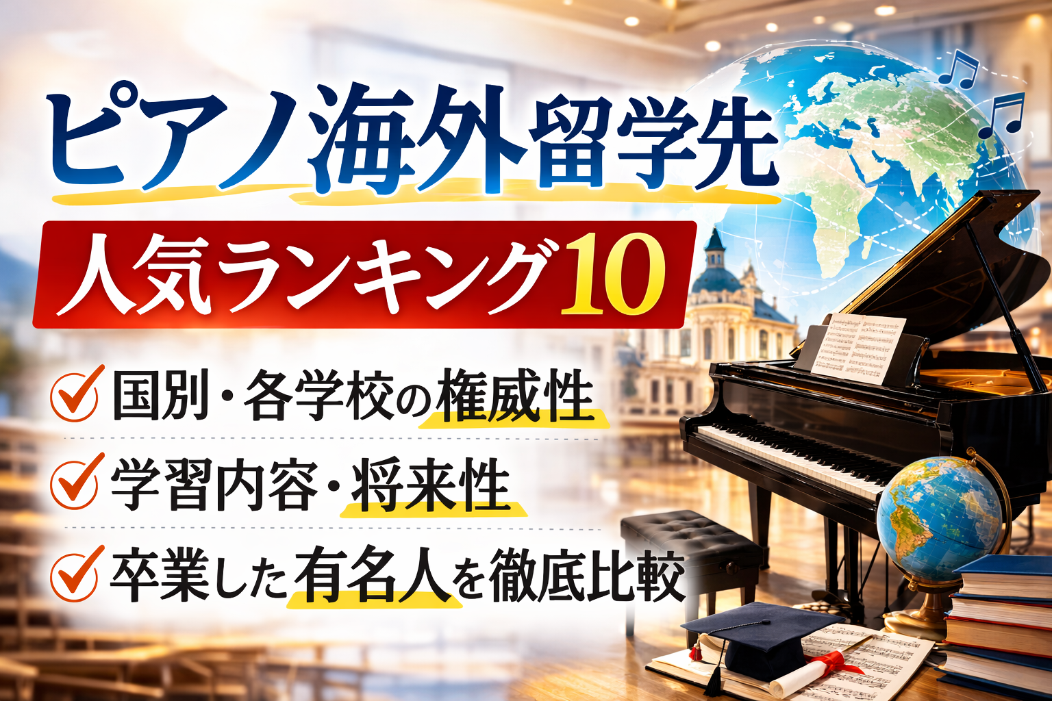 ピアノ海外留学先、人気ランキング10！国別・各学校の権威性・学習内容・将来性・著名卒業生を徹底比較