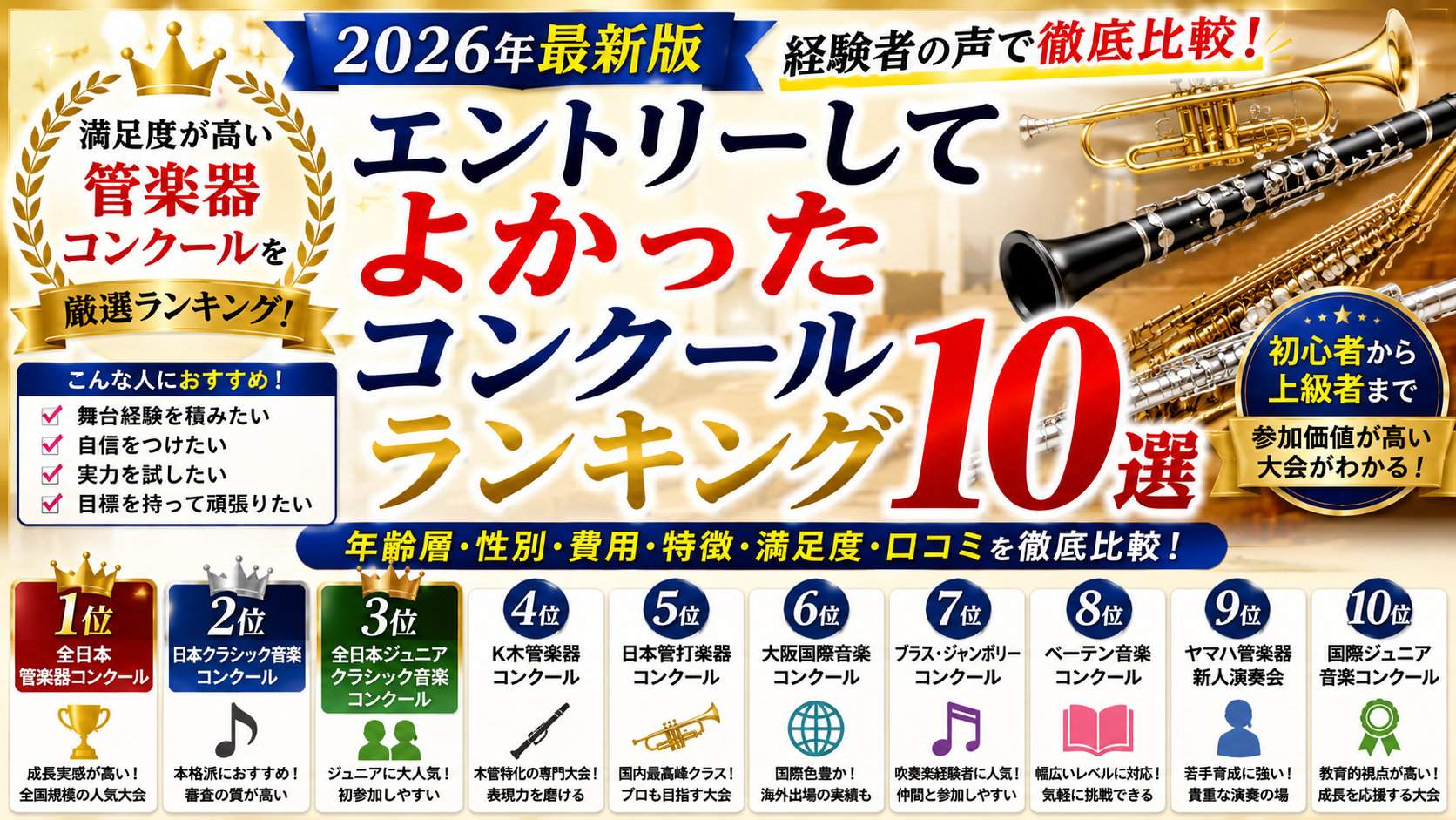 【2026年最新版】エントリーしてよかった管楽器コンクールランキング10を徹底比較｜満足度・成長実感・口コミで選ぶ人気大会とは？